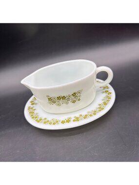 Vintage Gravy Boat Saucer Dish Pyrex Spring Blossom Crazy Daisy 70s Milk Glass